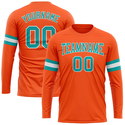 Custom Orange Aqua-White Long Sleeve Performance T-Shirt - Main View