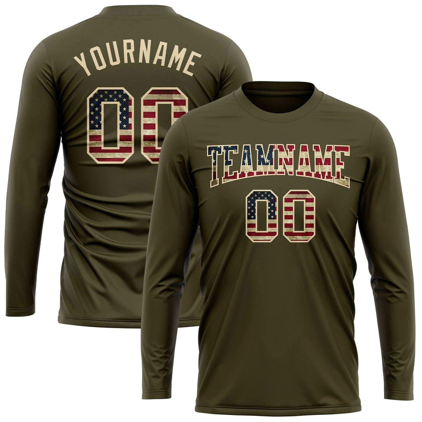 Custom Olive Vintage USA Flag-Cream Long Sleeve Performance Salute To Service T-Shirt view 2