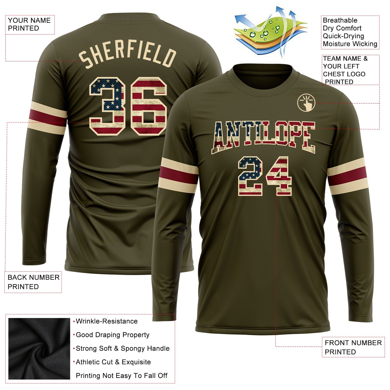 Custom Olive Vintage USA Flag-Cream Long Sleeve Performance Salute To Service T-Shirt view 3