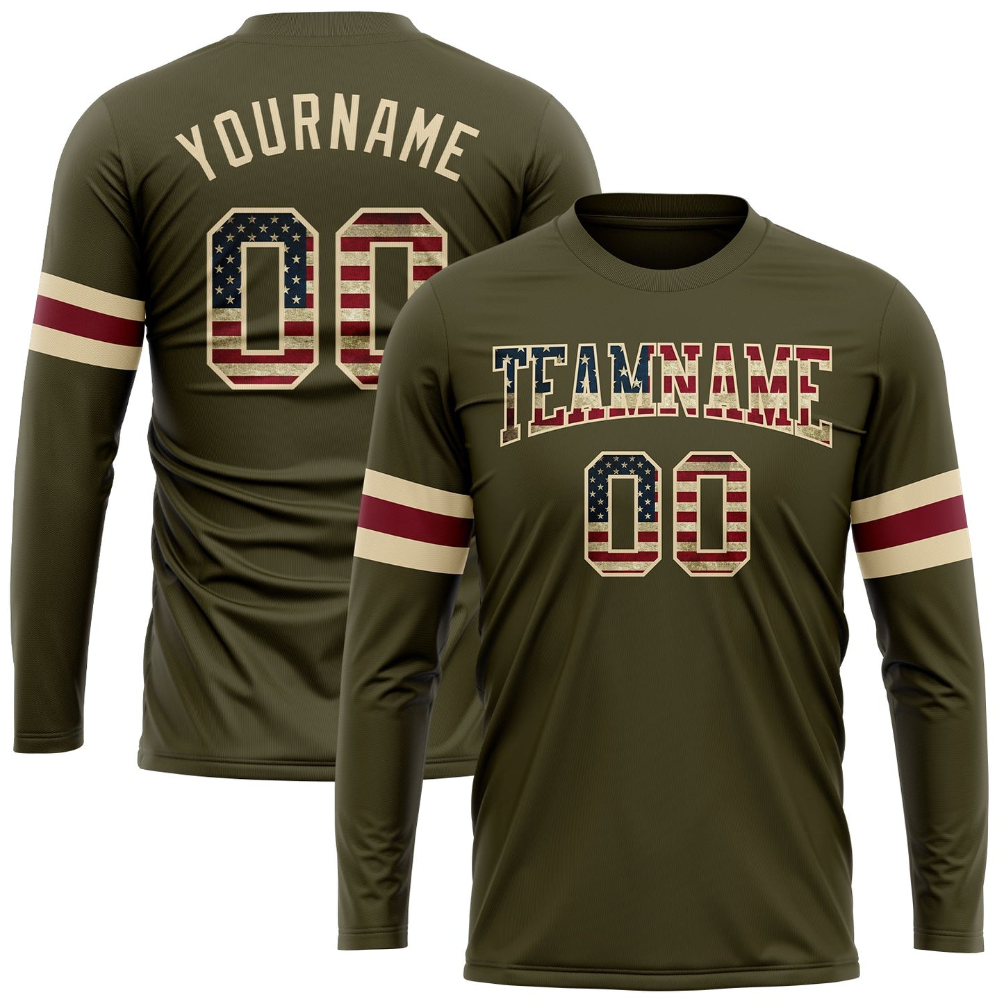 Custom Olive Vintage USA Flag-Cream Long Sleeve Performance Salute To Service T-Shirt - Main View