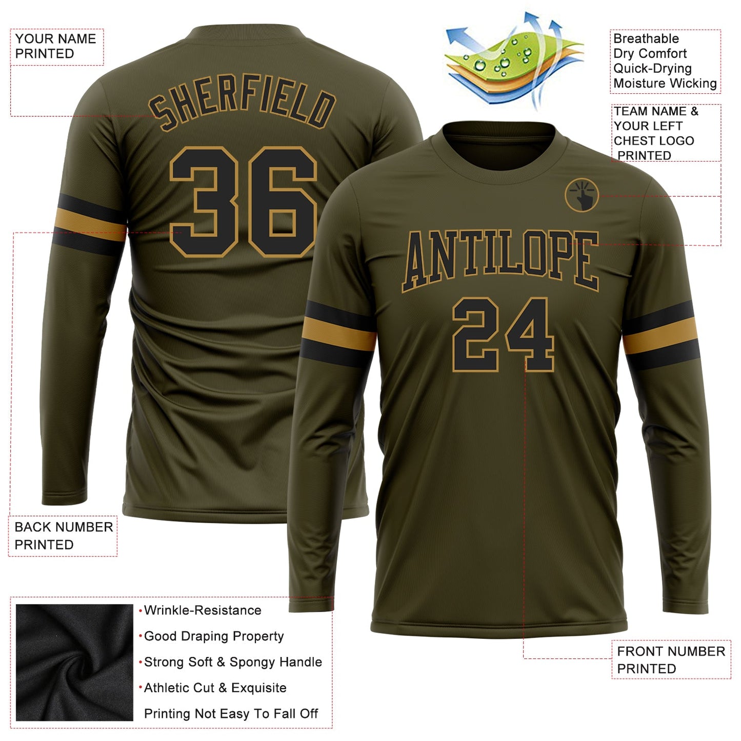 Custom Olive Black-Old Gold Long Sleeve Performance Salute To Service T-Shirt view 3