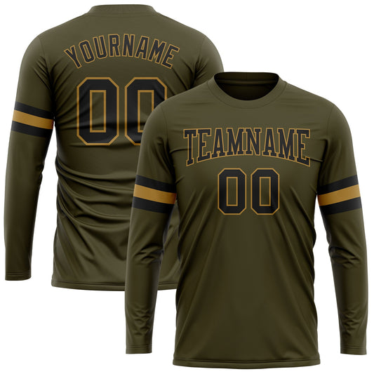 Custom Olive Black-Old Gold Long Sleeve Performance Salute To Service T-Shirt - Main View