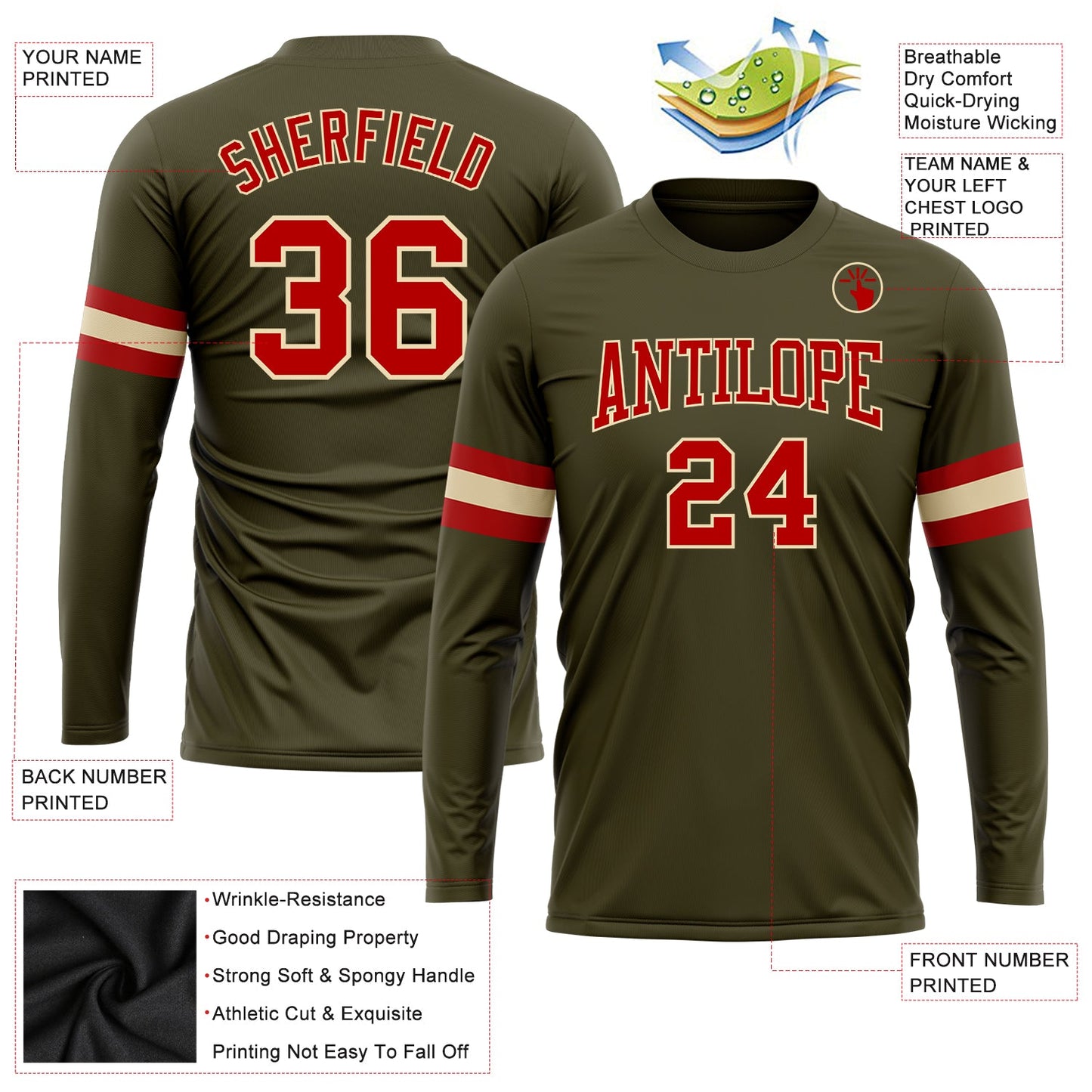 Custom Olive Red-Cream Long Sleeve Performance Salute To Service T-Shirt view 3
