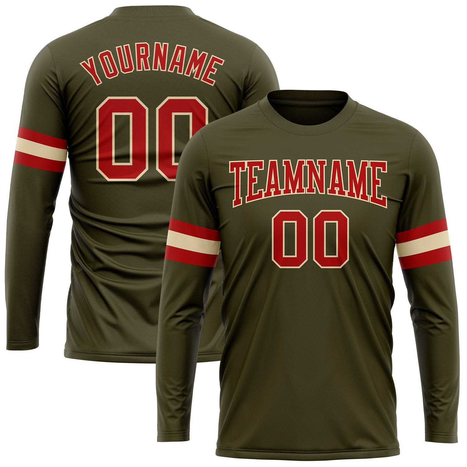 Custom Olive Red-Cream Long Sleeve Performance Salute To Service T-Shirt - Main View