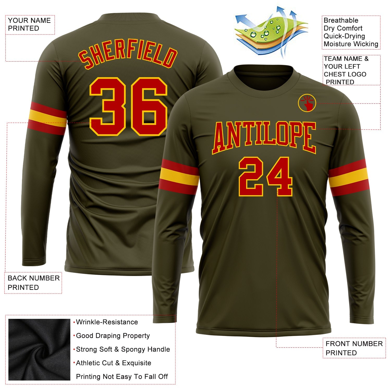 Custom Olive Red-Gold Long Sleeve Performance Salute To Service T-Shirt view 3