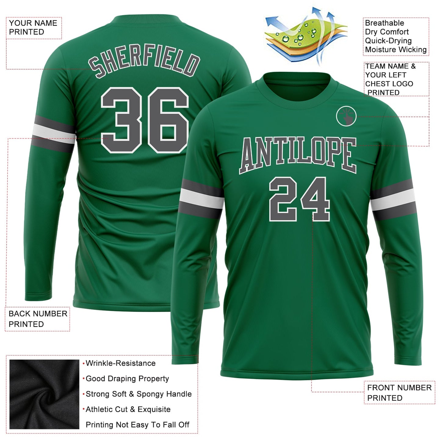 Custom Kelly Green Steel Gray-White Long Sleeve Performance Salute To Service T-Shirt view 3