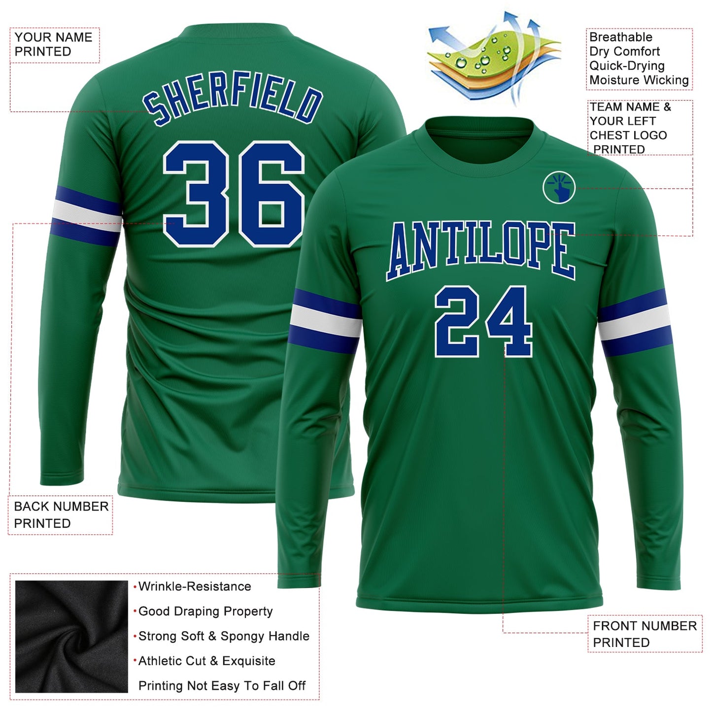 Custom Kelly Green Royal-White Long Sleeve Performance Salute To Service T-Shirt view 3