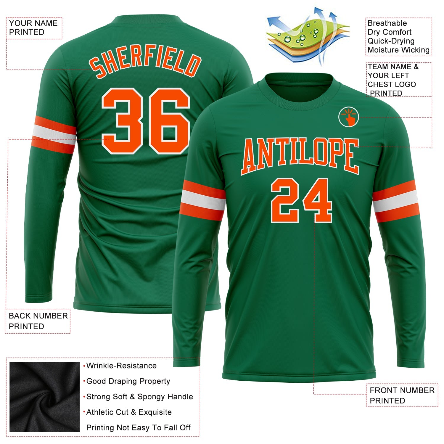 Custom Kelly Green Orange-White Long Sleeve Performance Salute To Service T-Shirt view 3