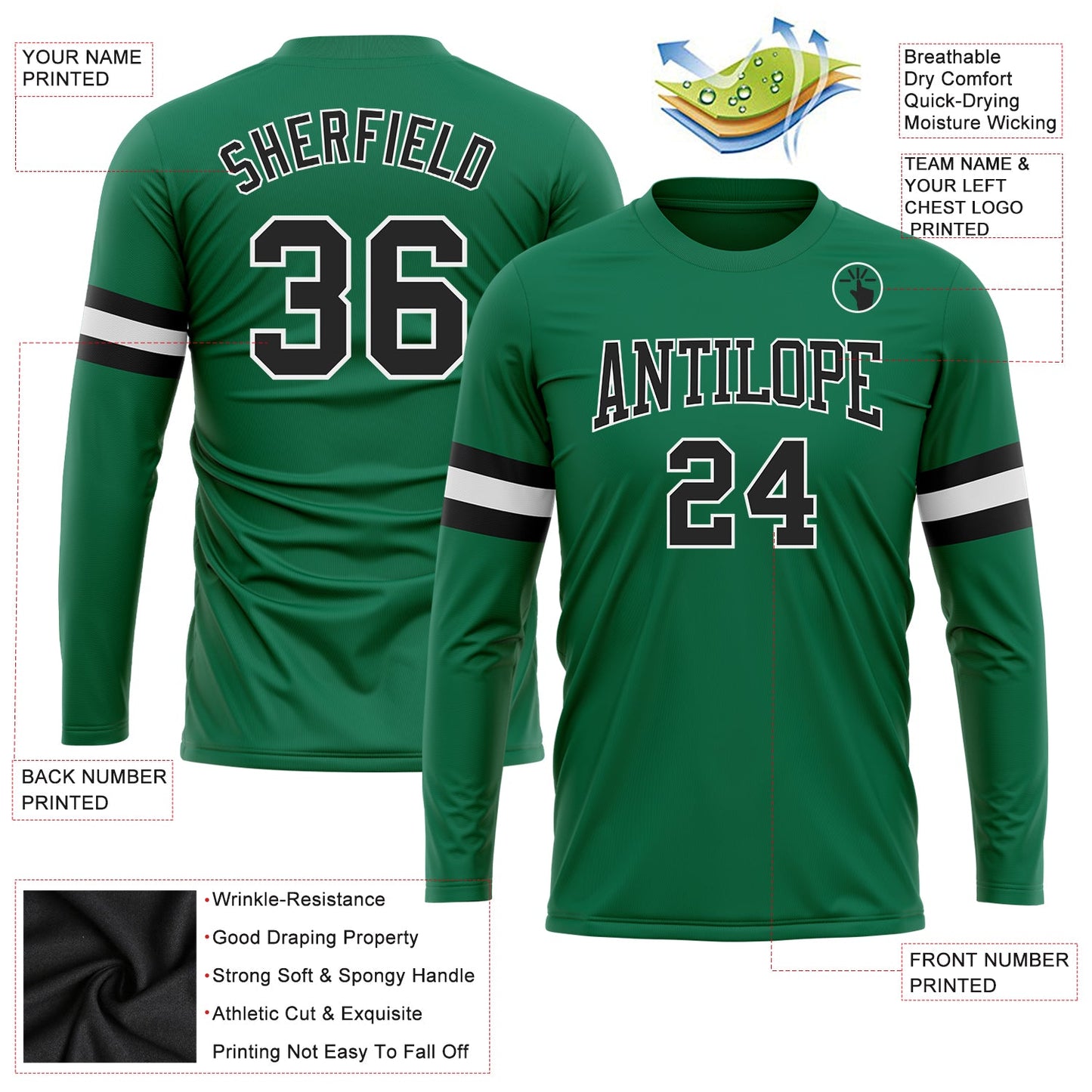 Custom Kelly Green Black-White Long Sleeve Performance Salute To Service T-Shirt view 3