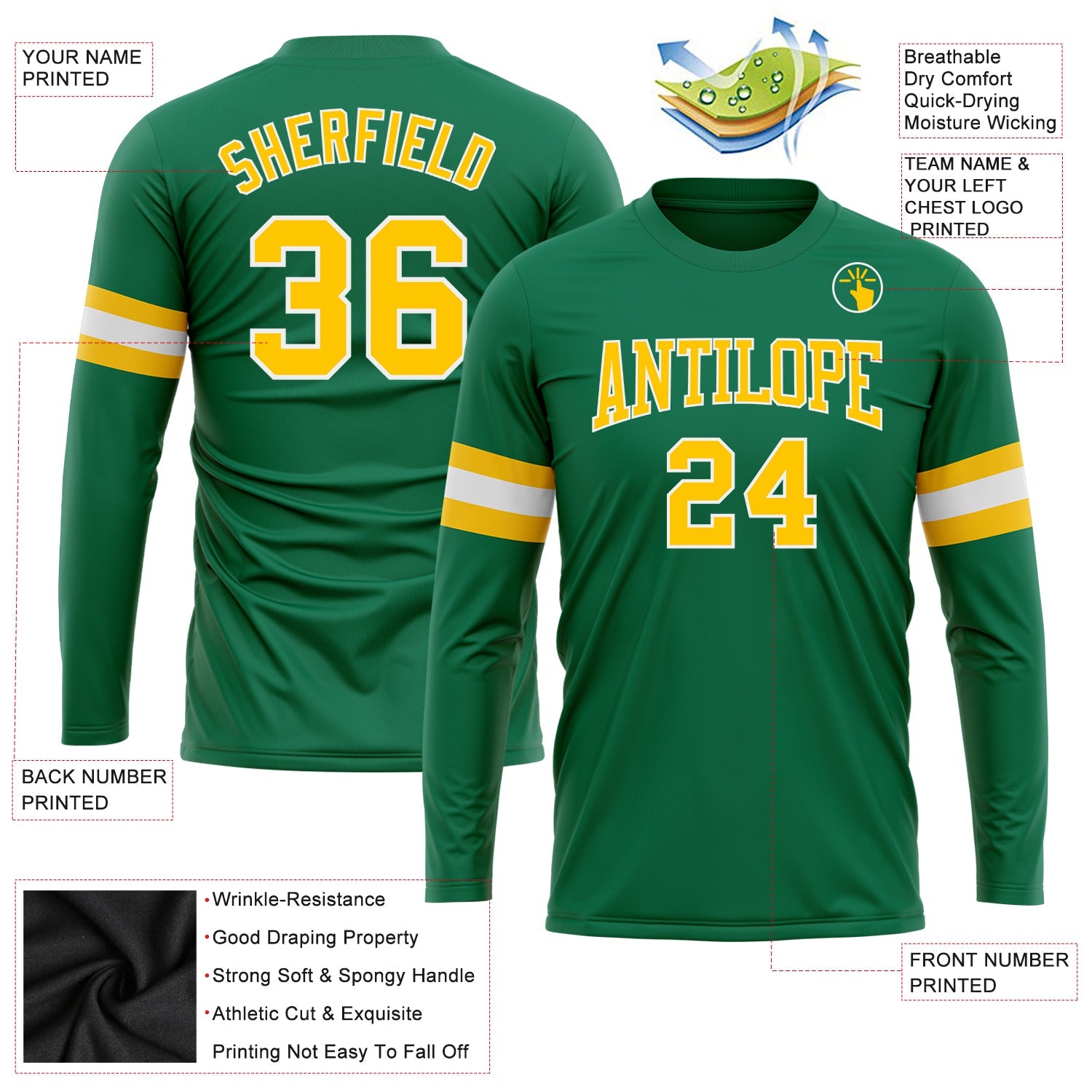 Custom Kelly Green Gold-White Long Sleeve Performance Salute To Service T-Shirt view 3
