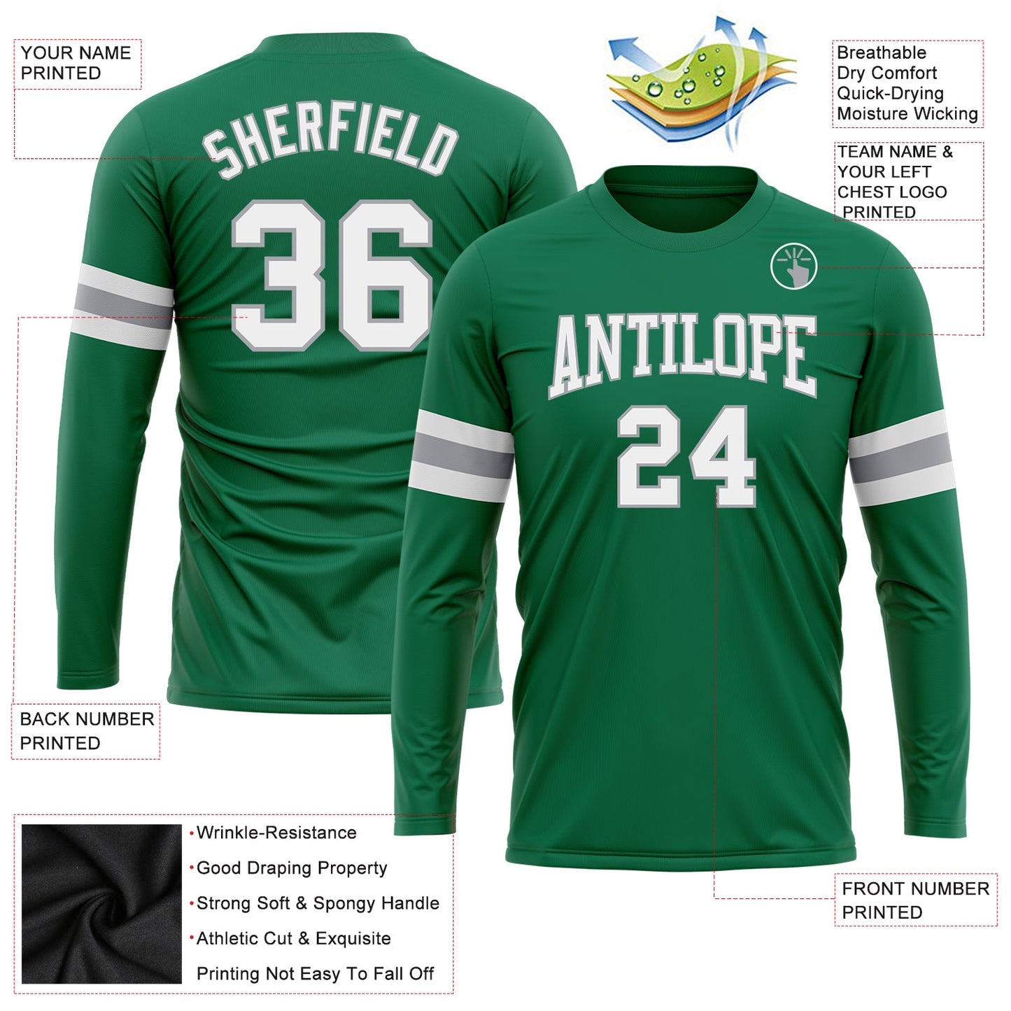 Custom Kelly Green White-Gray Long Sleeve Performance Salute To Service T-Shirt view 3