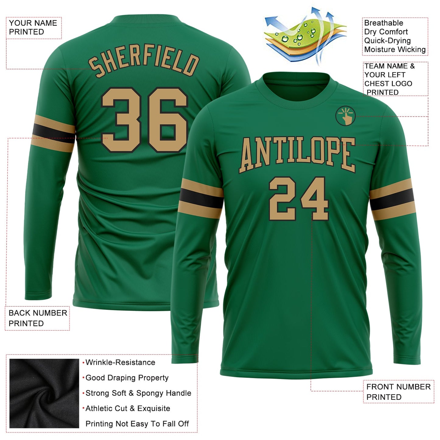 Custom Kelly Green Old Gold-Black Long Sleeve Performance Salute To Service T-Shirt view 3