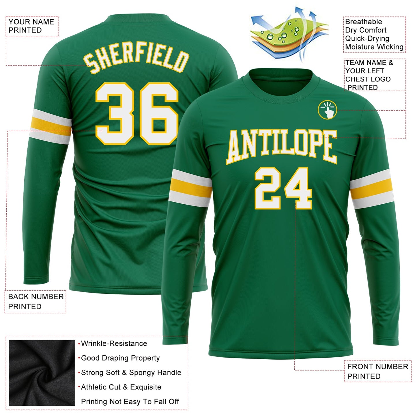 Custom Kelly Green White-Gold Long Sleeve Performance Salute To Service T-Shirt view 3