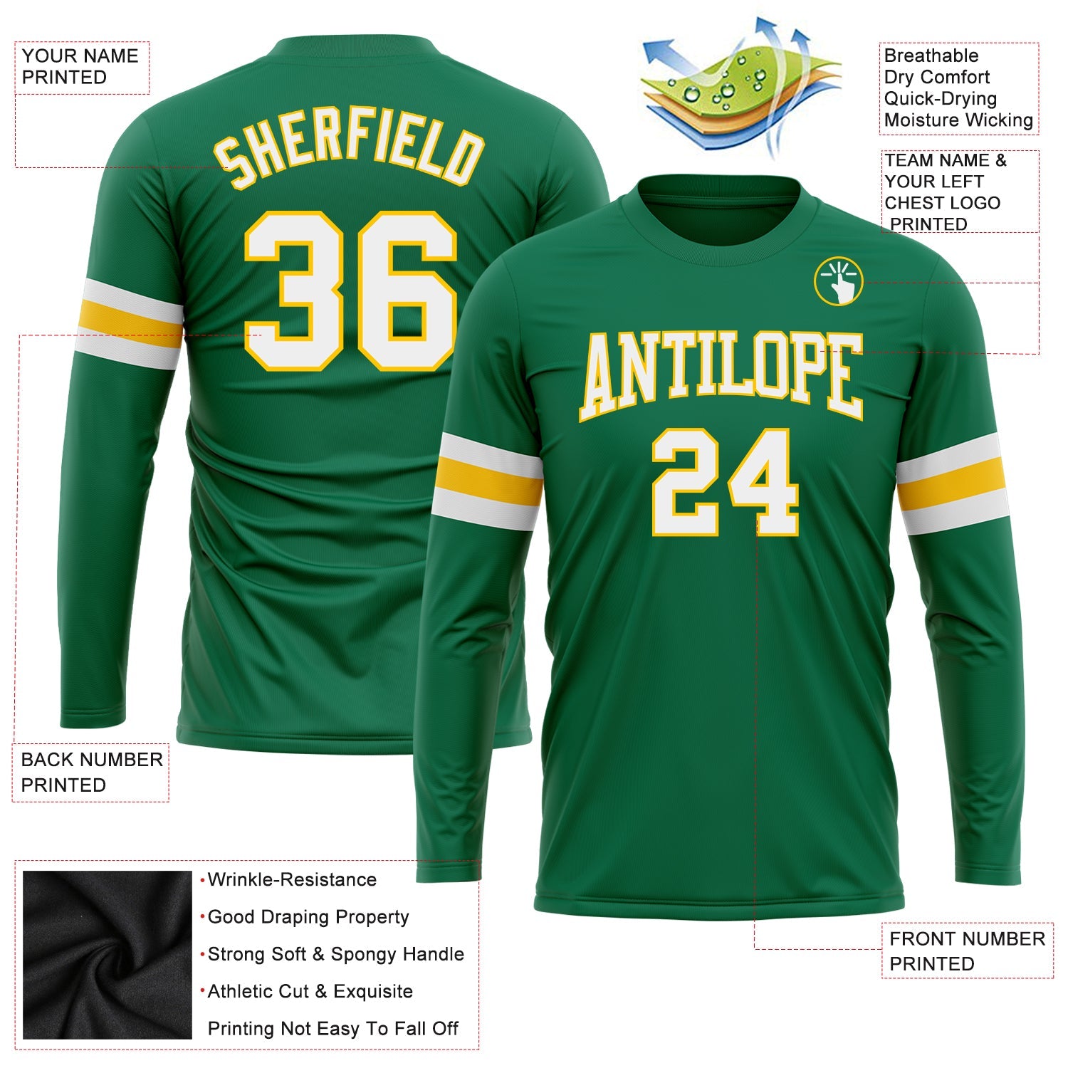 Custom Kelly Green White-Gold Long Sleeve Performance Salute To Service T-Shirt view 3