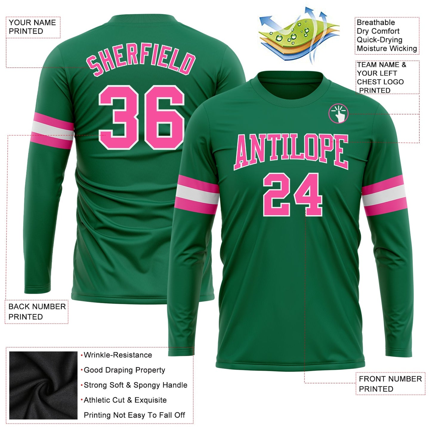 Custom Kelly Green Pink-White Long Sleeve Performance Salute To Service T-Shirt view 3