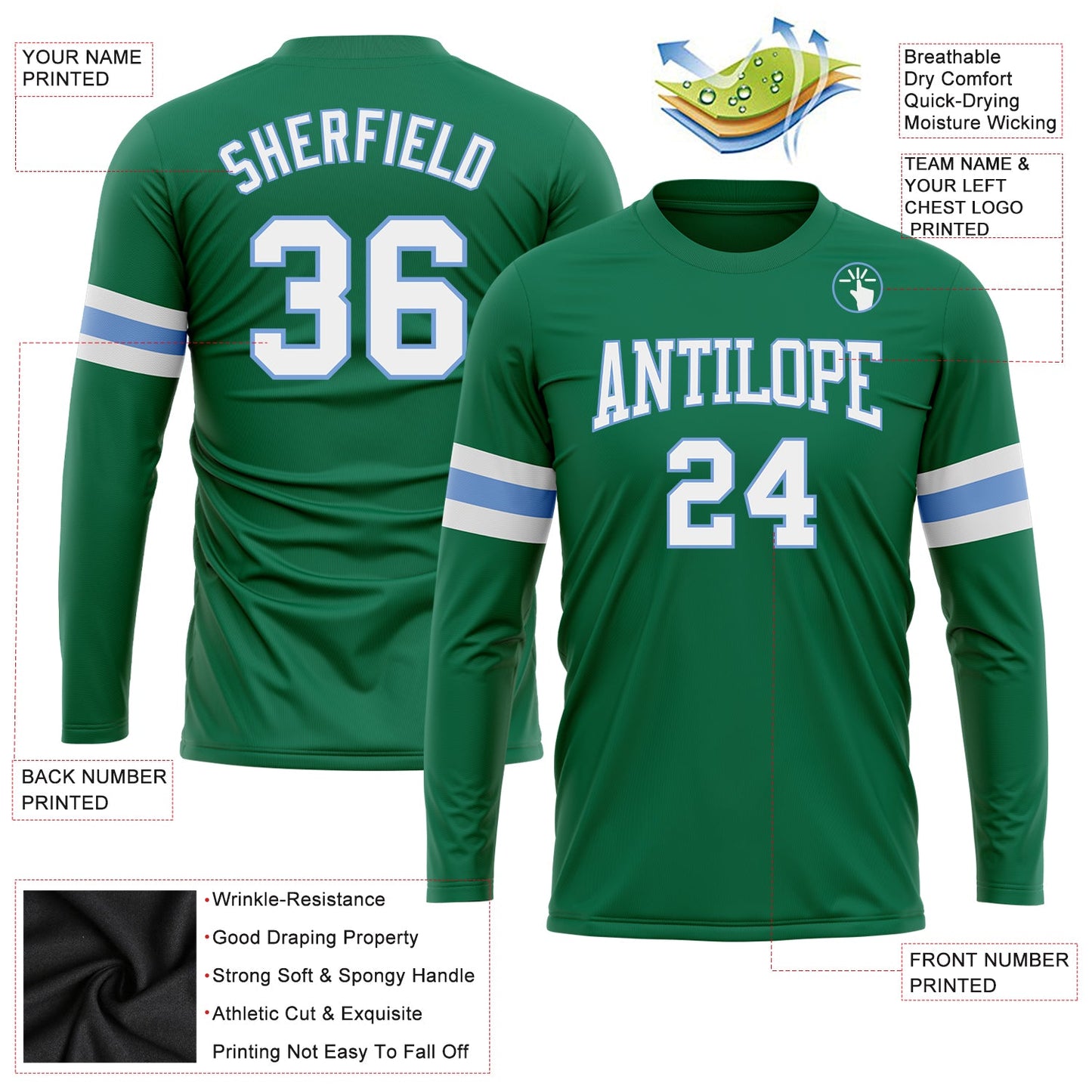 Custom Kelly Green White-Light Blue Long Sleeve Performance Salute To Service T-Shirt view 3
