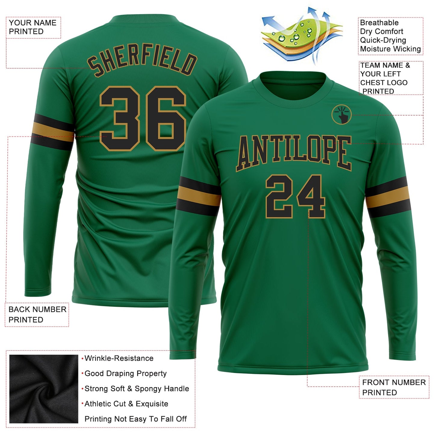 Custom Kelly Green Black-Old Gold Long Sleeve Performance Salute To Service T-Shirt view 3