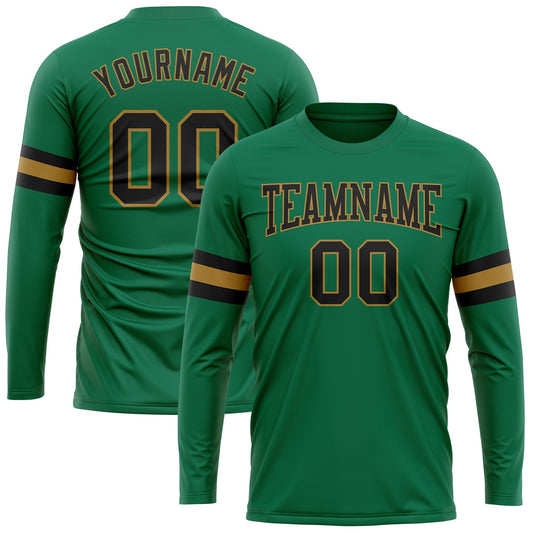 Custom Kelly Green Black-Old Gold Long Sleeve Performance Salute To Service T-Shirt - Main View