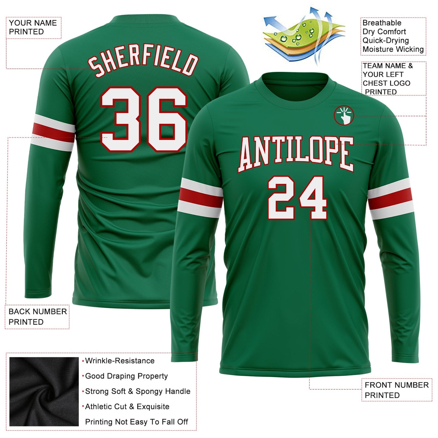 Custom Kelly Green White-Red Long Sleeve Performance Salute To Service T-Shirt view 3