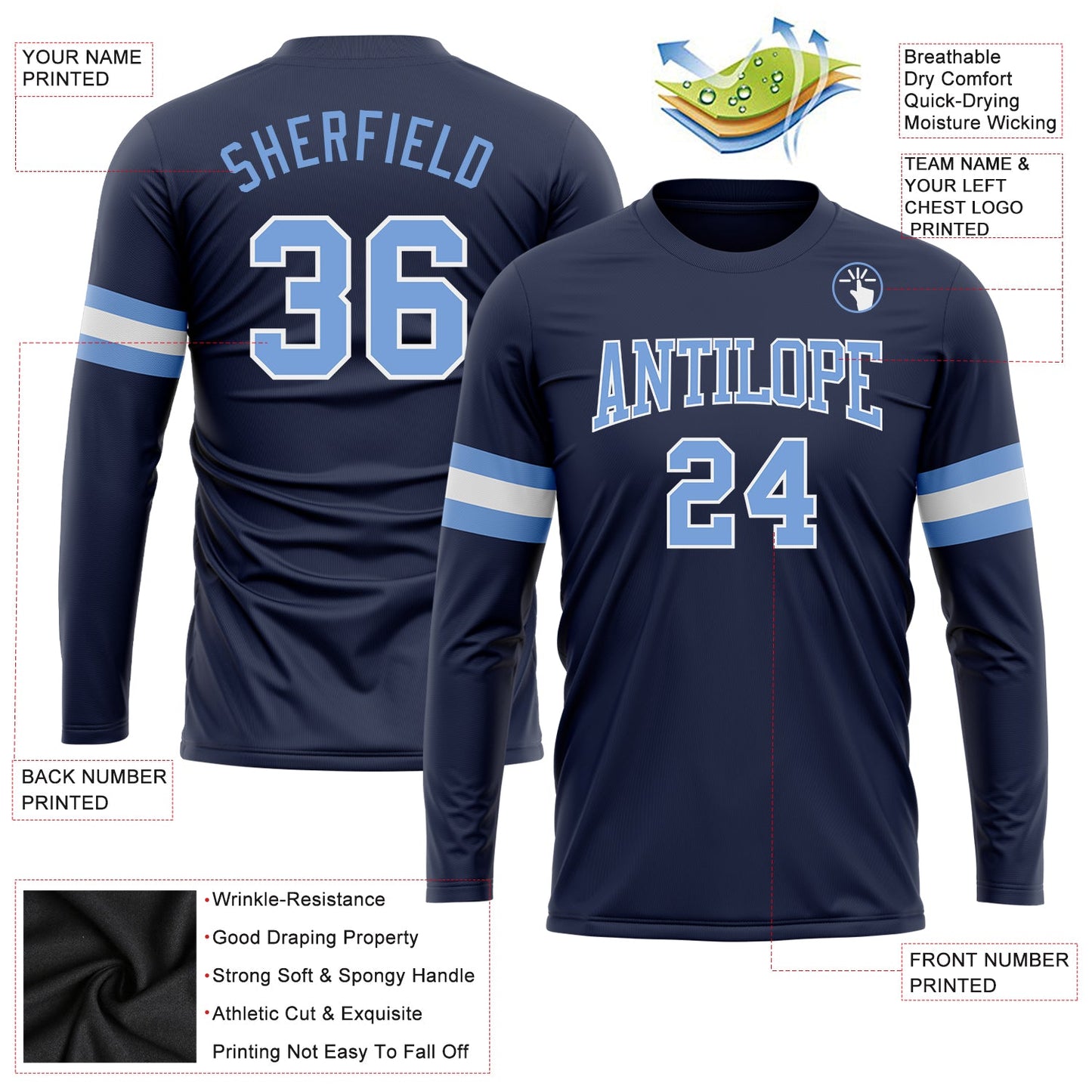 Custom Navy Light Blue-White Long Sleeve Performance Salute To Service T-Shirt view 3