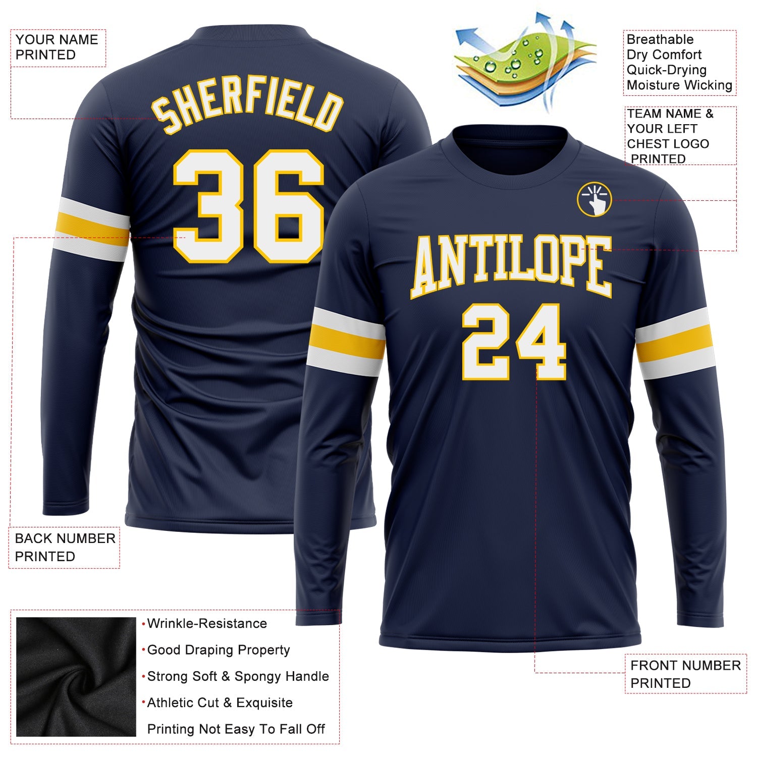 Custom Navy White-Gold Long Sleeve Performance Salute To Service T-Shirt view 3