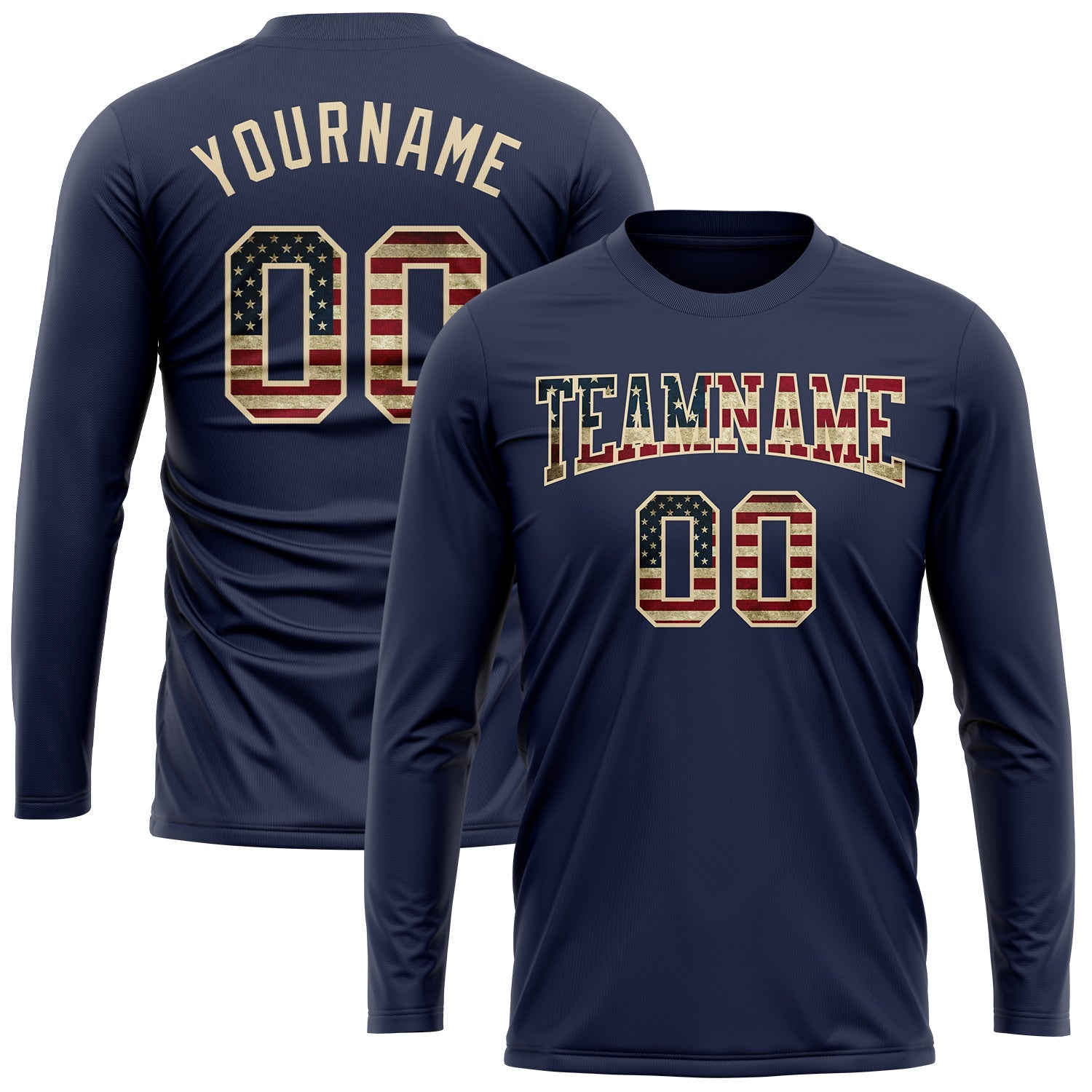 Custom Navy Vintage USA Flag Cream-Crimson Long Sleeve Performance Salute To Service T-Shirt view 2