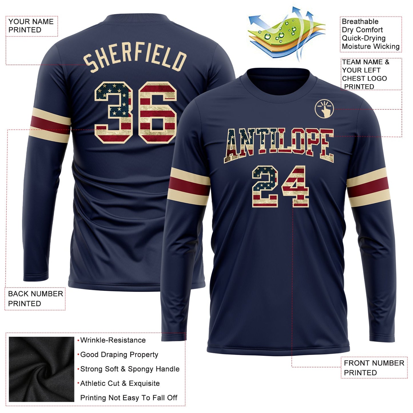 Custom Navy Vintage USA Flag Cream-Crimson Long Sleeve Performance Salute To Service T-Shirt view 3