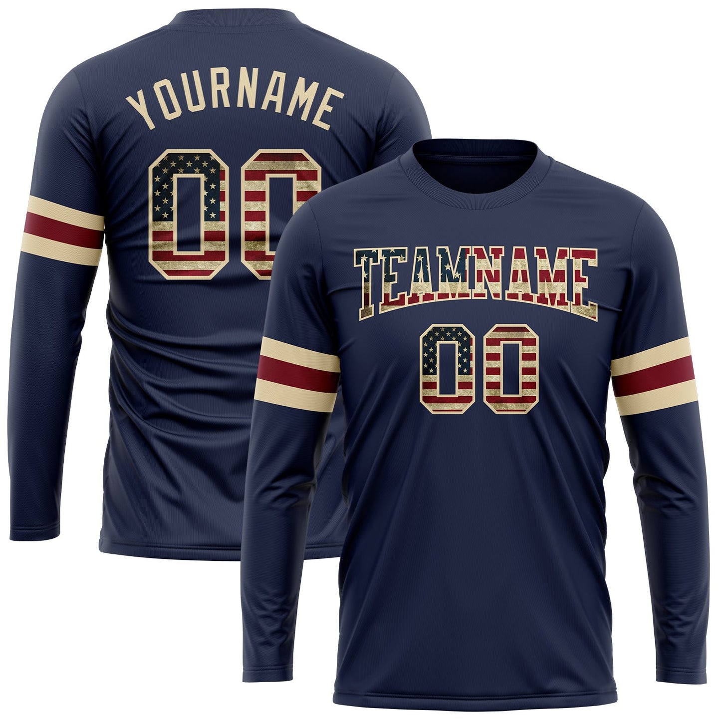Custom Navy Vintage USA Flag Cream-Crimson Long Sleeve Performance Salute To Service T-Shirt - Main View