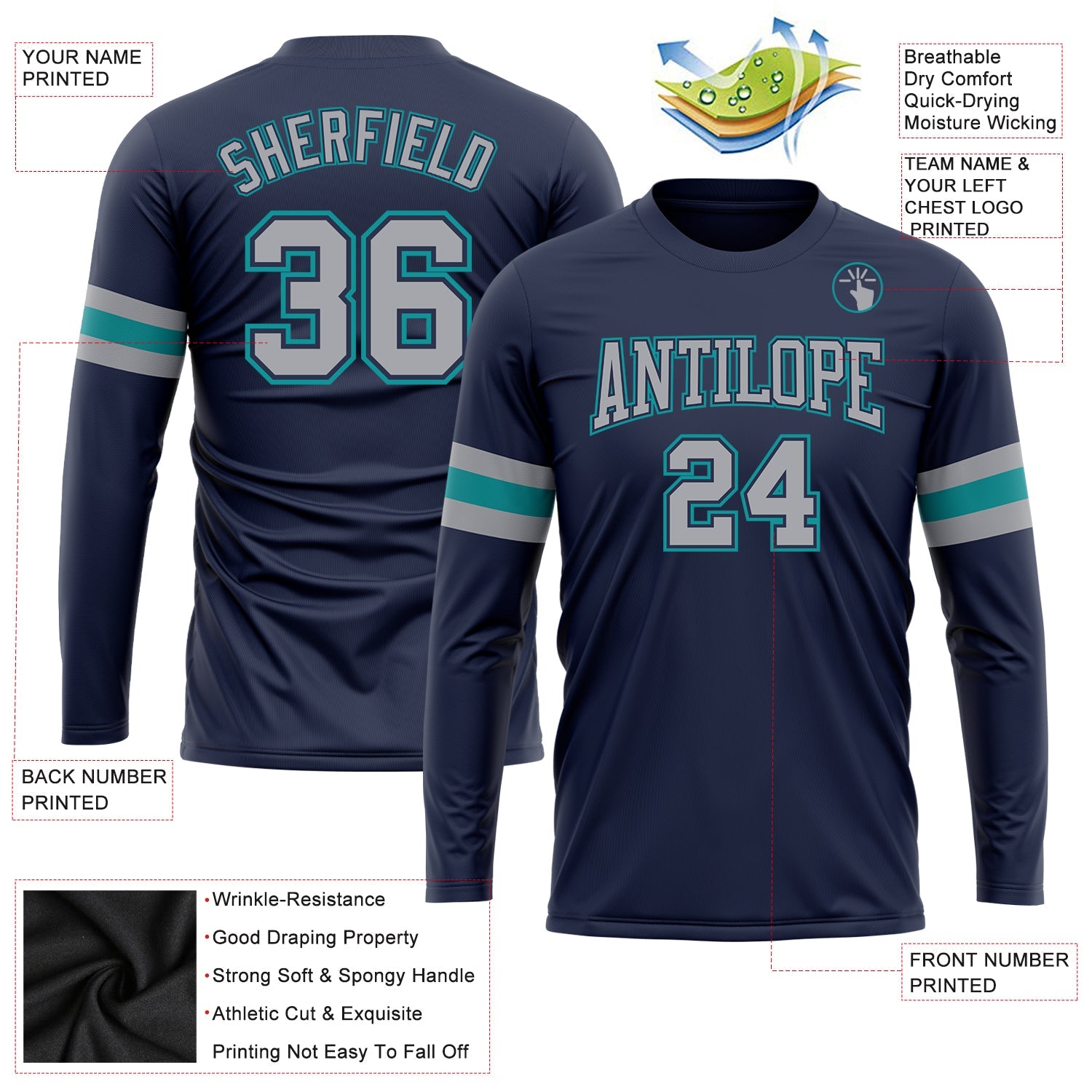 Custom Navy Gray-Aqua Long Sleeve Performance Salute To Service T-Shirt view 3