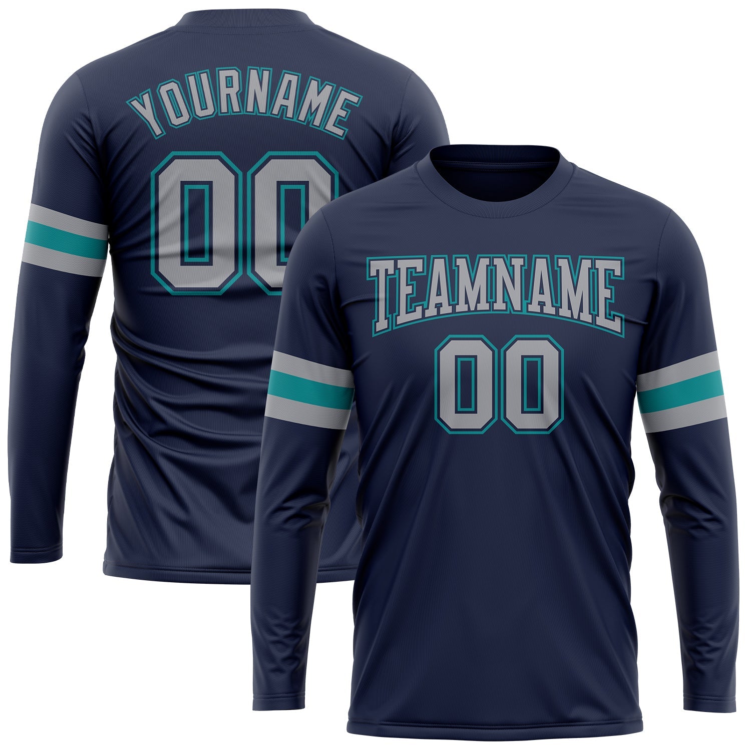 Custom Navy Gray-Aqua Long Sleeve Performance Salute To Service T-Shirt - Main View