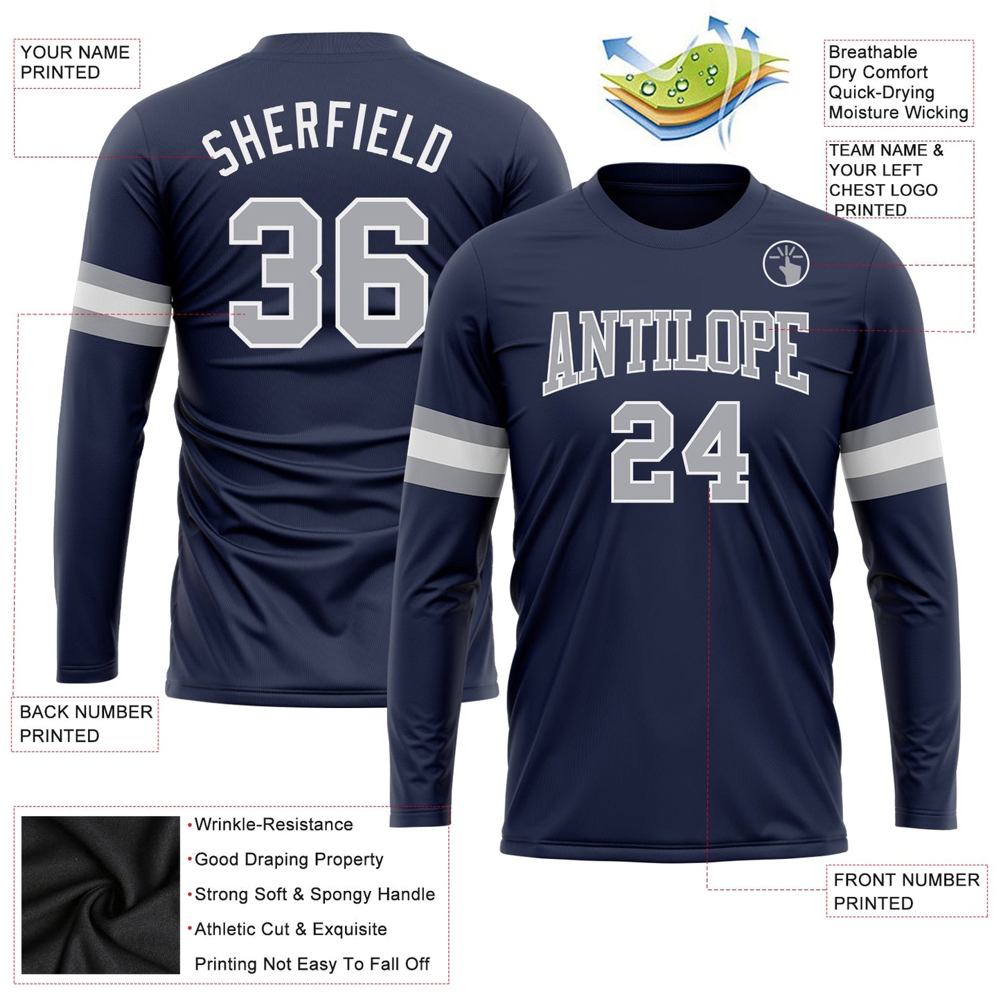 Custom Navy Gray-White Long Sleeve Performance Salute To Service T-Shirt view 3