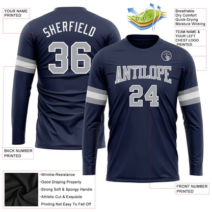 Custom Navy Gray-White Long Sleeve Performance Salute To Service T-Shirt view 3