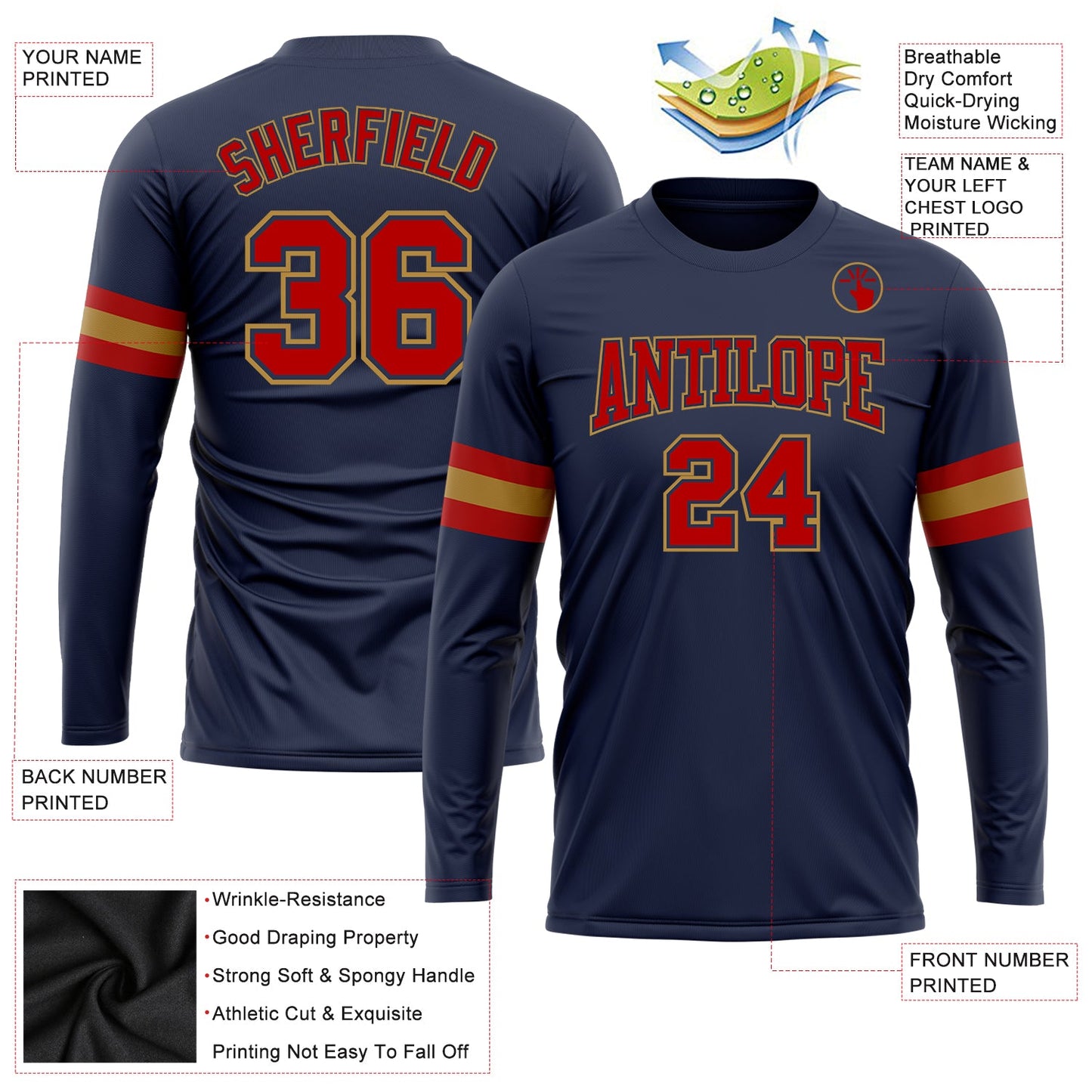 Custom Navy Red-Old Gold Long Sleeve Performance Salute To Service T-Shirt view 3