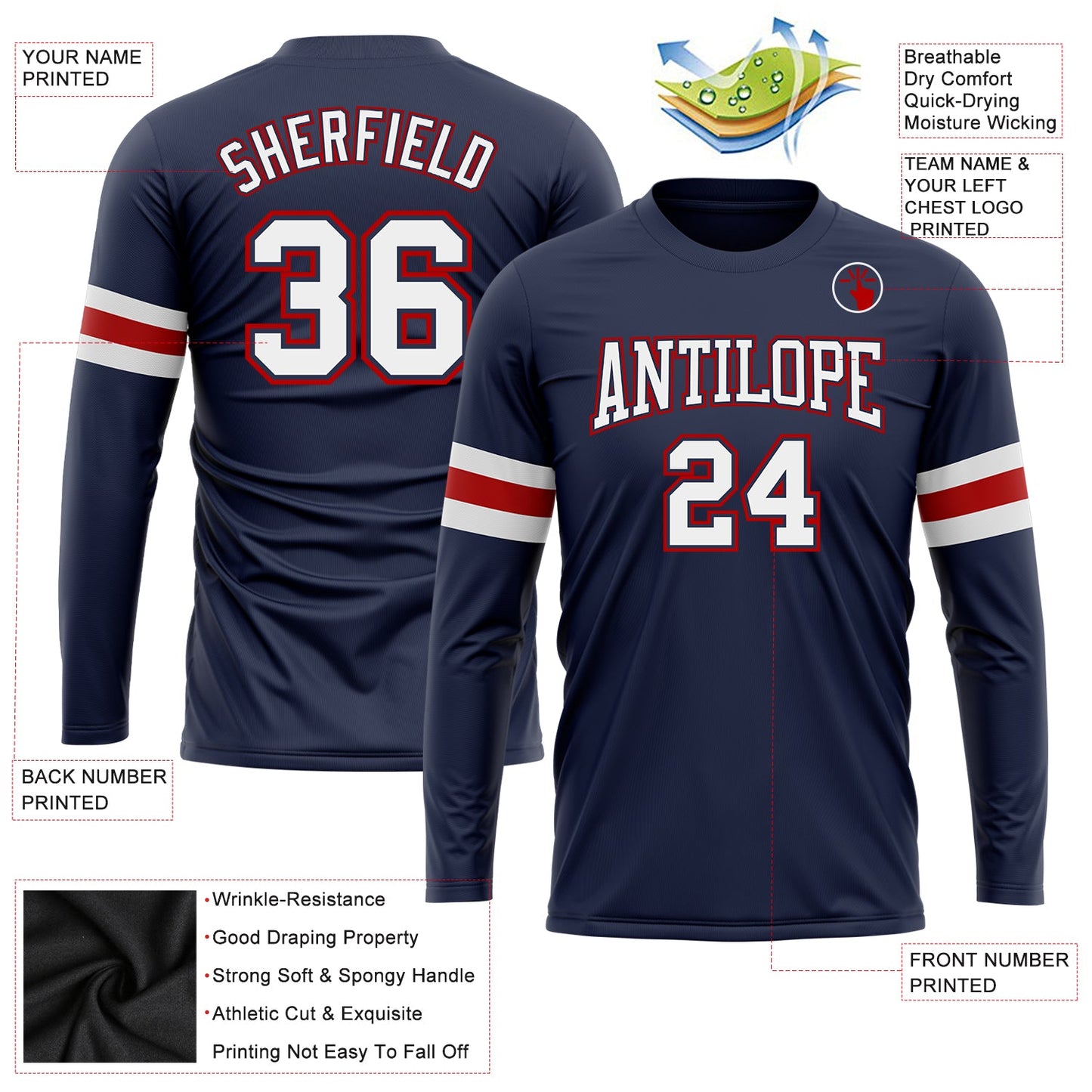 Custom Navy White-Red Long Sleeve Performance Salute To Service T-Shirt view 3