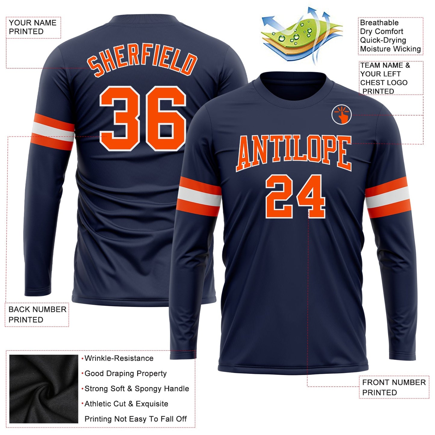 Custom Navy Orange-White Long Sleeve Performance Salute To Service T-Shirt view 3