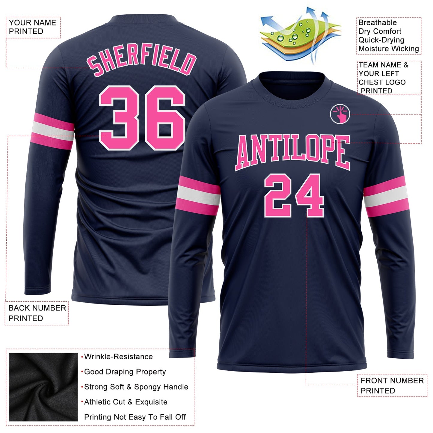 Custom Navy Pink-White Long Sleeve Performance Salute To Service T-Shirt view 3