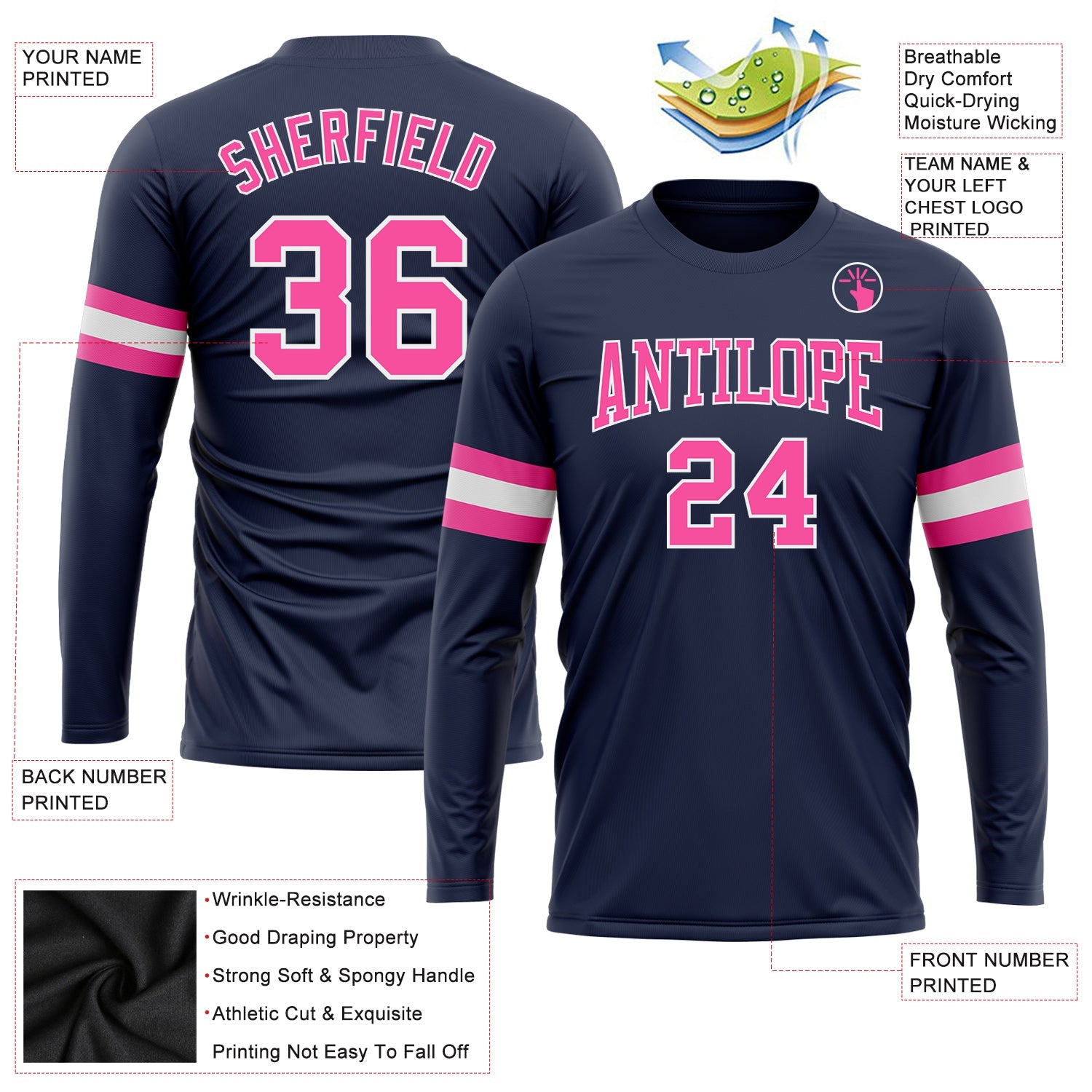 Custom Navy Pink-White Long Sleeve Performance Salute To Service T-Shirt view 3