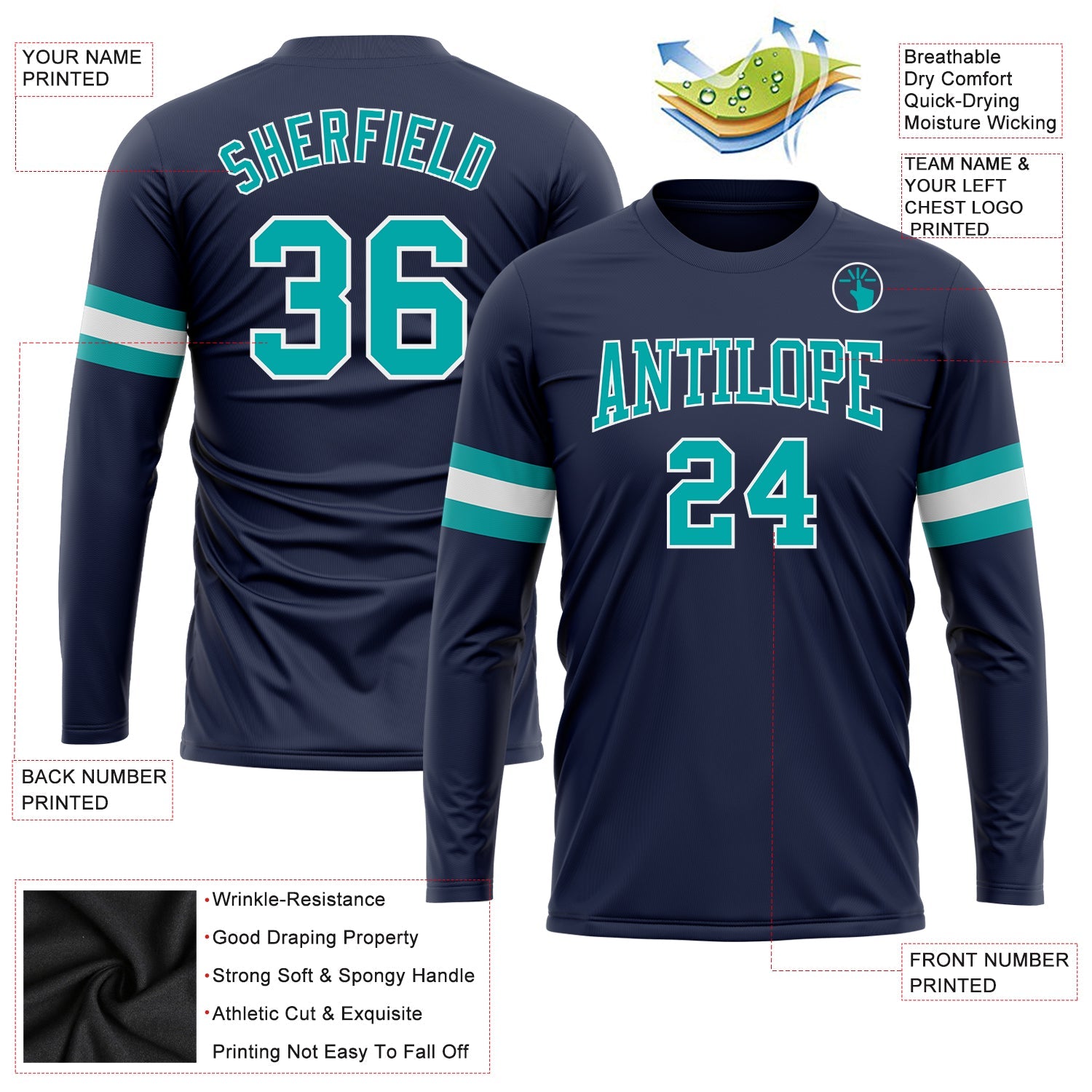 Custom Navy Aqua-White Long Sleeve Performance Salute To Service T-Shirt view 3