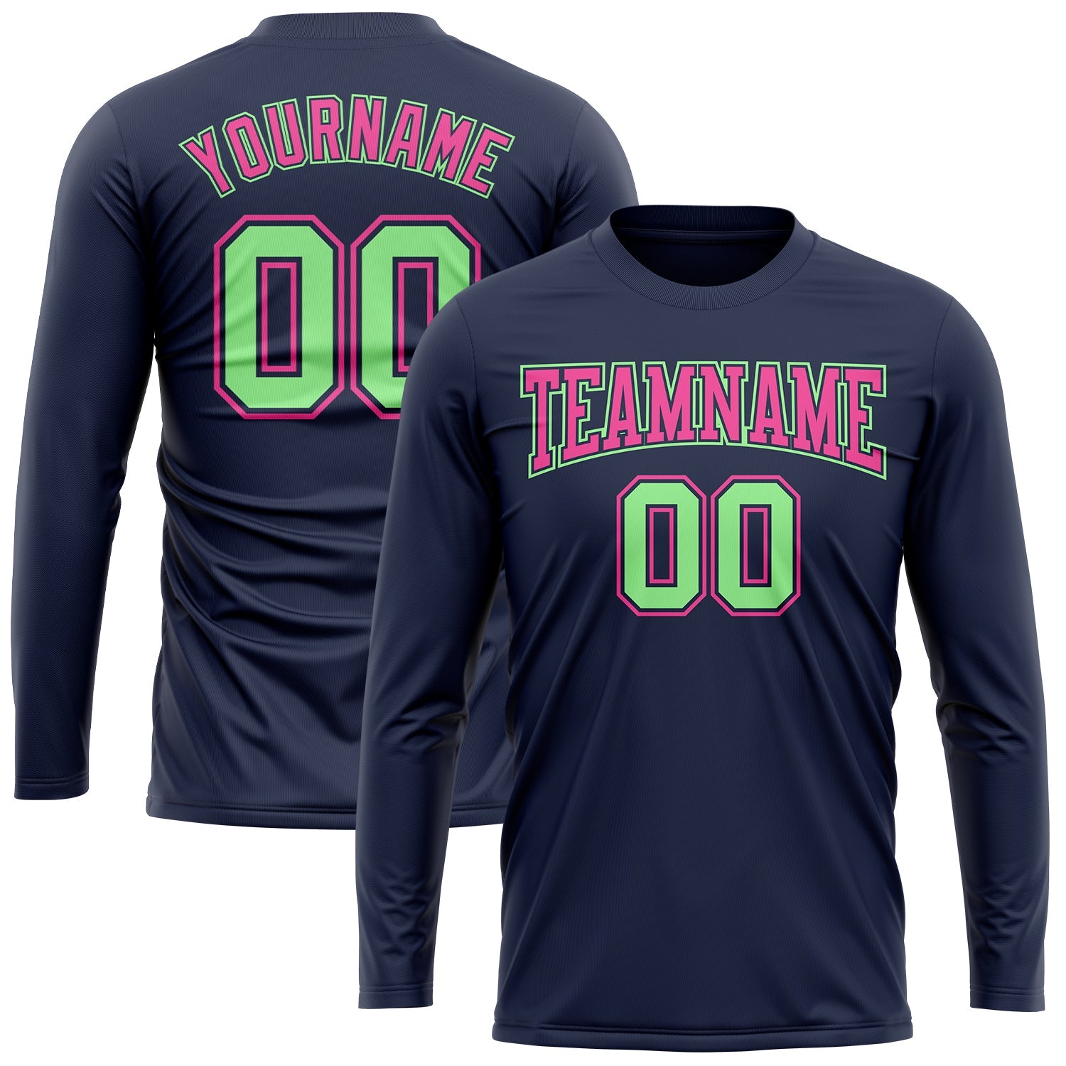 Custom Navy Pea Green-Pink Long Sleeve Performance Salute To Service T-Shirt view 2