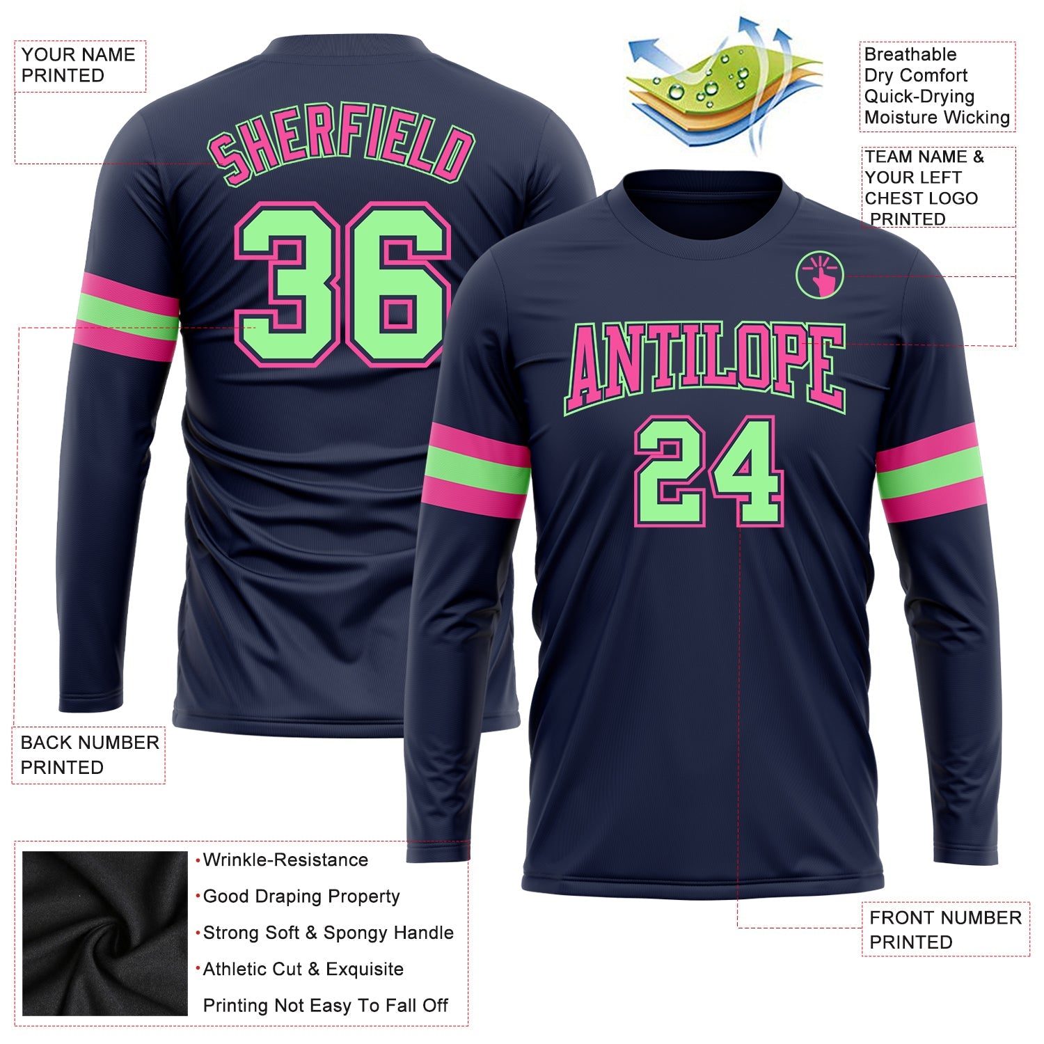 Custom Navy Pea Green-Pink Long Sleeve Performance Salute To Service T-Shirt view 3