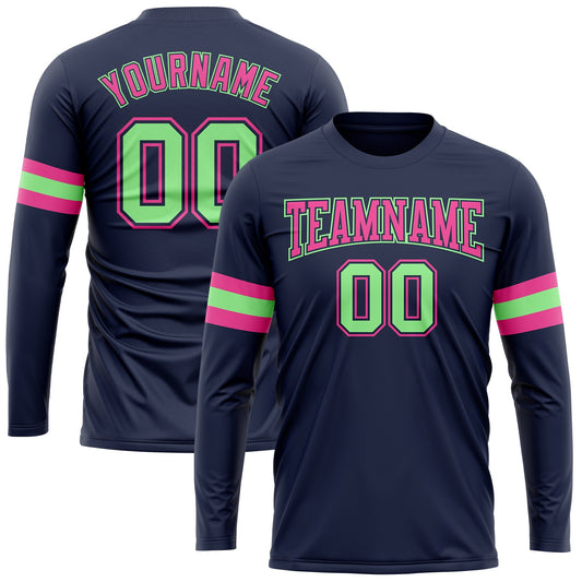 Custom Navy Pea Green-Pink Long Sleeve Performance Salute To Service T-Shirt - Main View