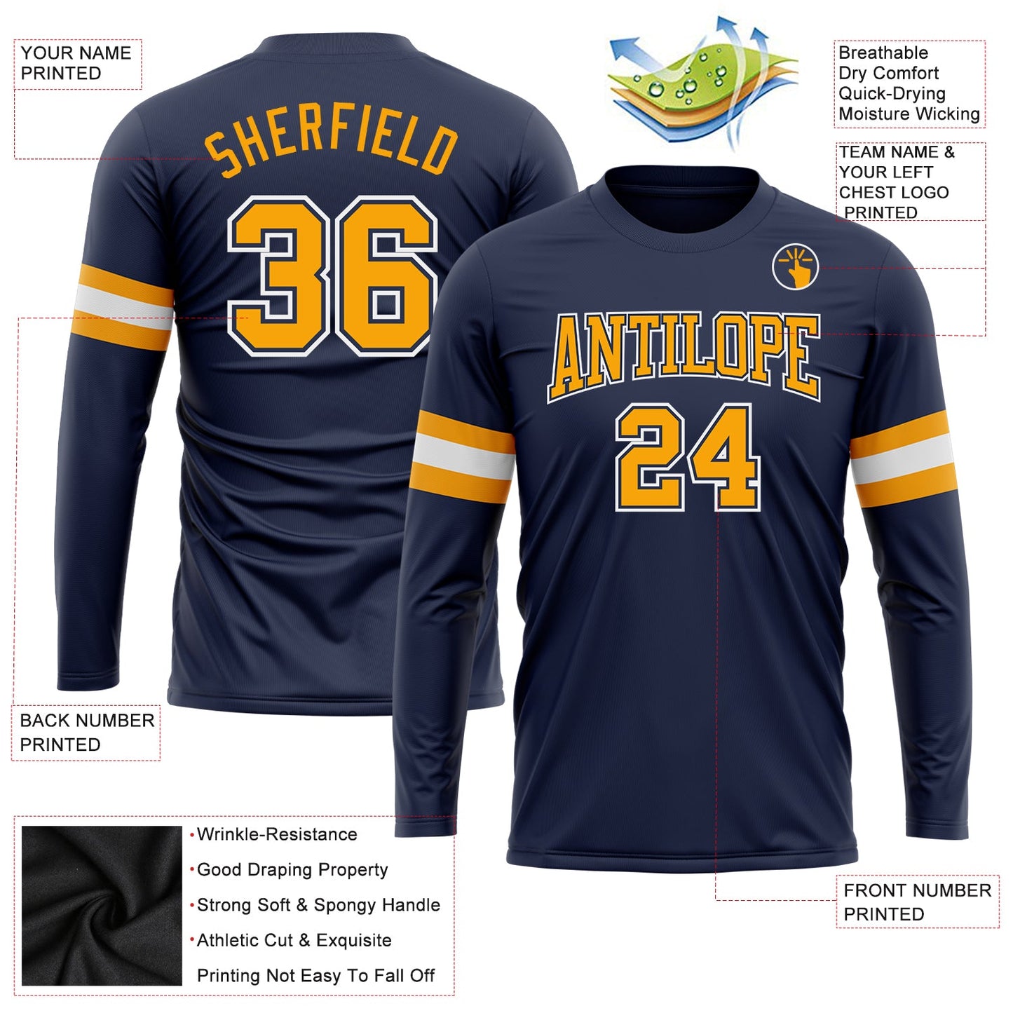 Custom Navy Gold-White Long Sleeve Performance Salute To Service T-Shirt view 3