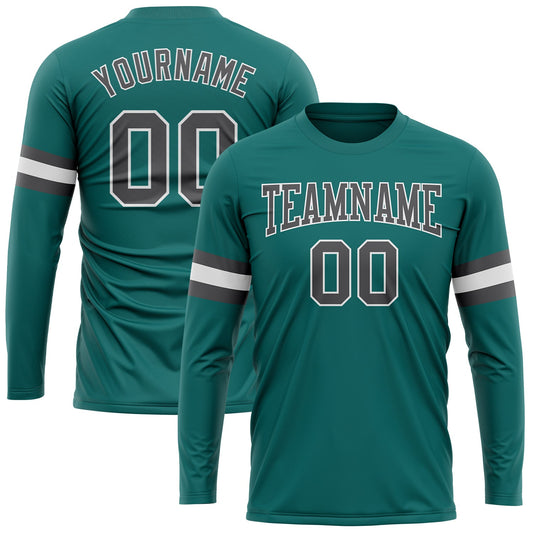 Custom Aqua Steel Gray-White Long Sleeve Performance T-Shirt - Main View