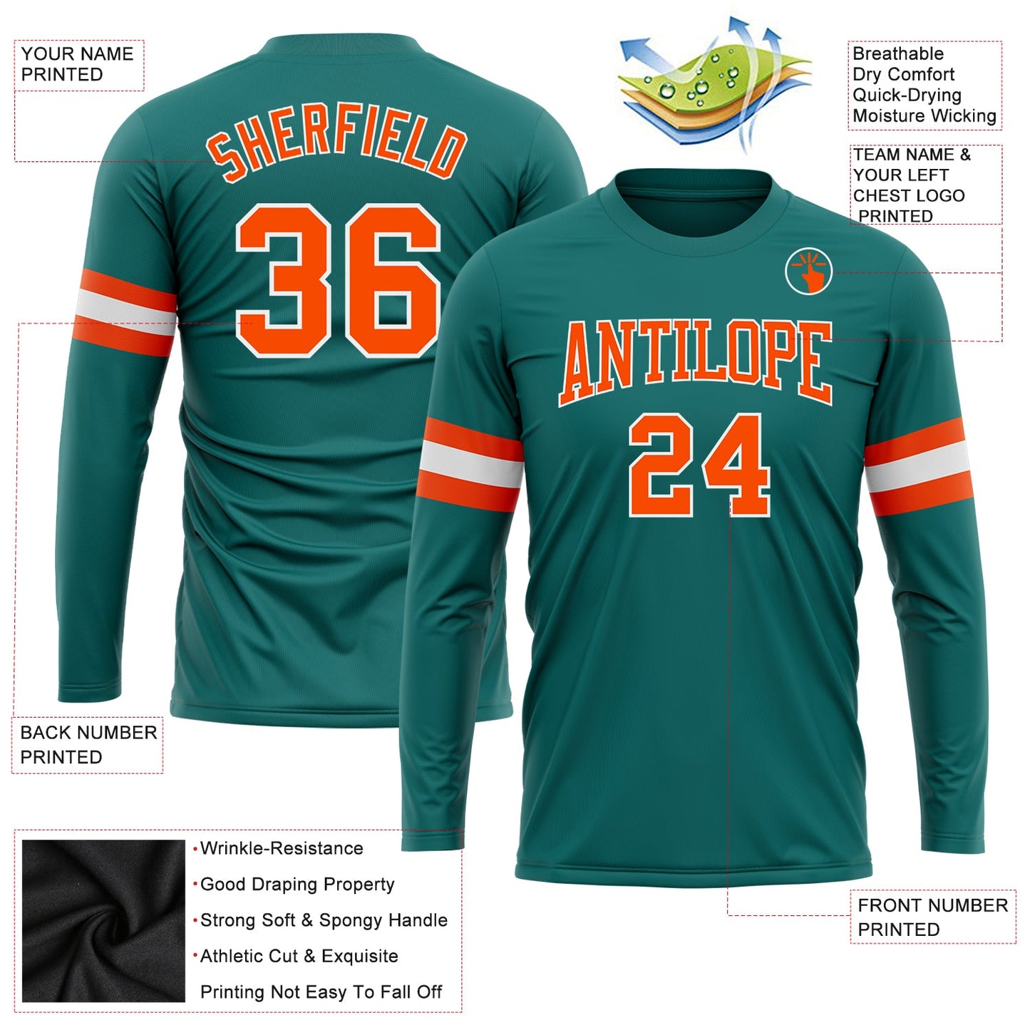 Custom Aqua Orange-White Long Sleeve Performance T-Shirt view 3