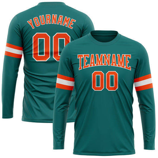 Custom Aqua Orange-White Long Sleeve Performance T-Shirt - Main View