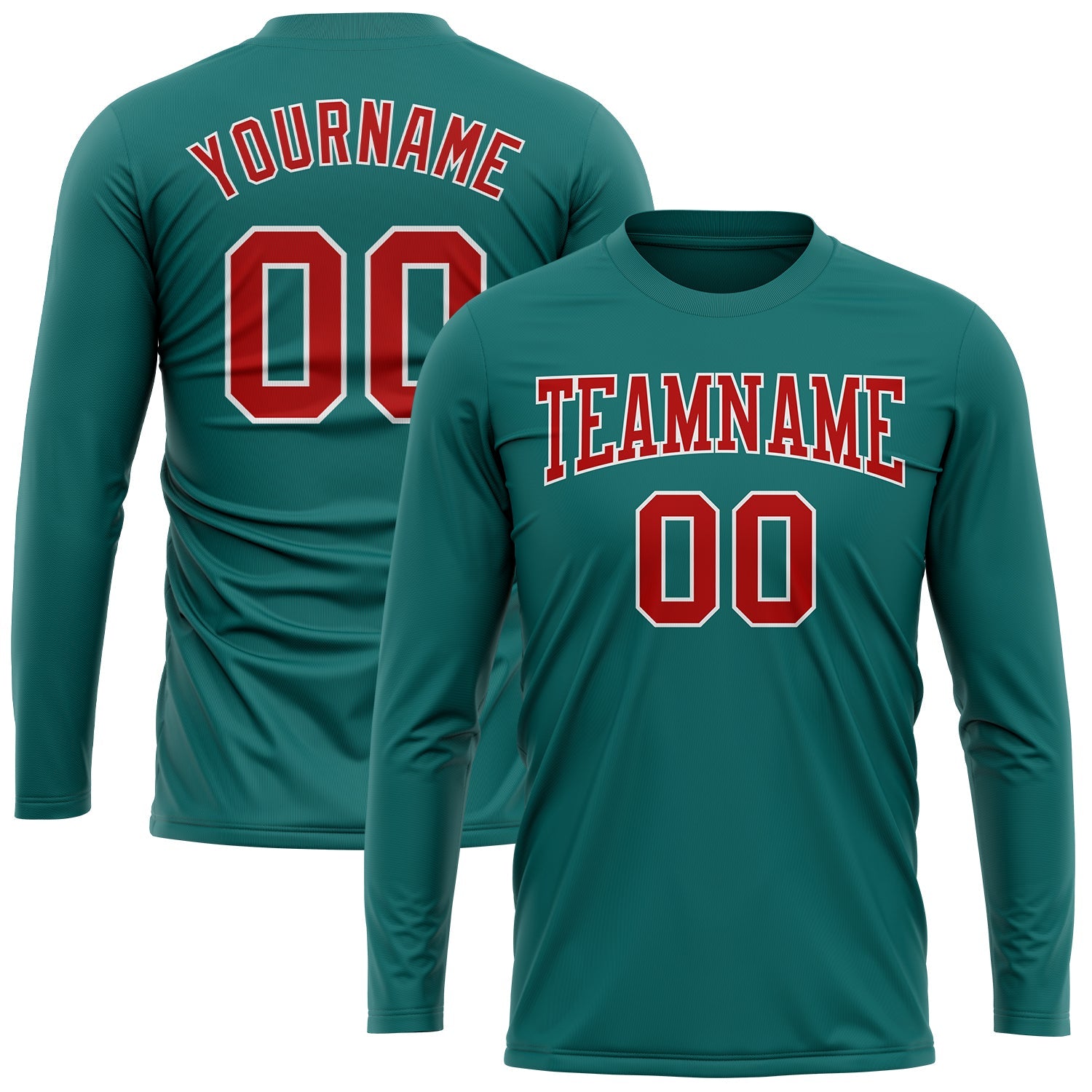 Custom Aqua Red-White Long Sleeve Performance T-Shirt view 2