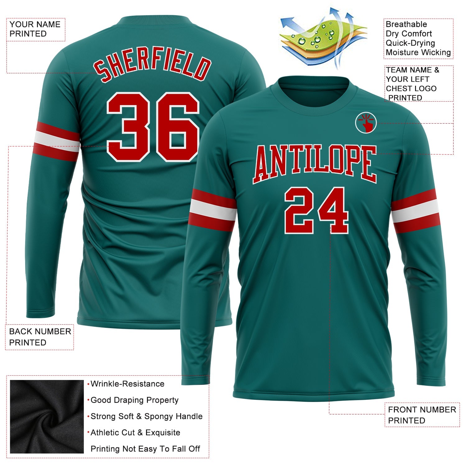 Custom Aqua Red-White Long Sleeve Performance T-Shirt view 3
