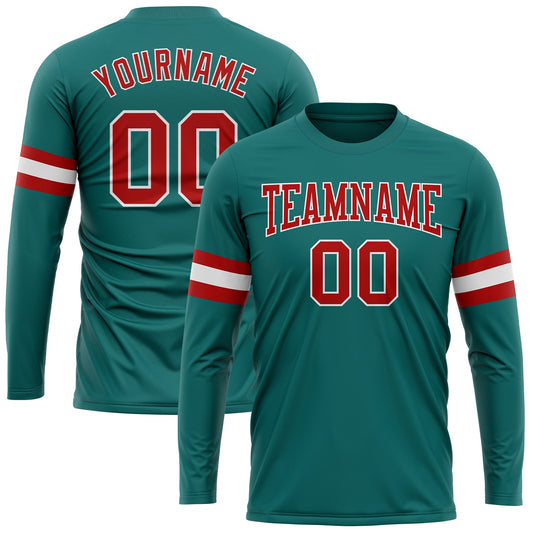 Custom Aqua Red-White Long Sleeve Performance T-Shirt - Main View