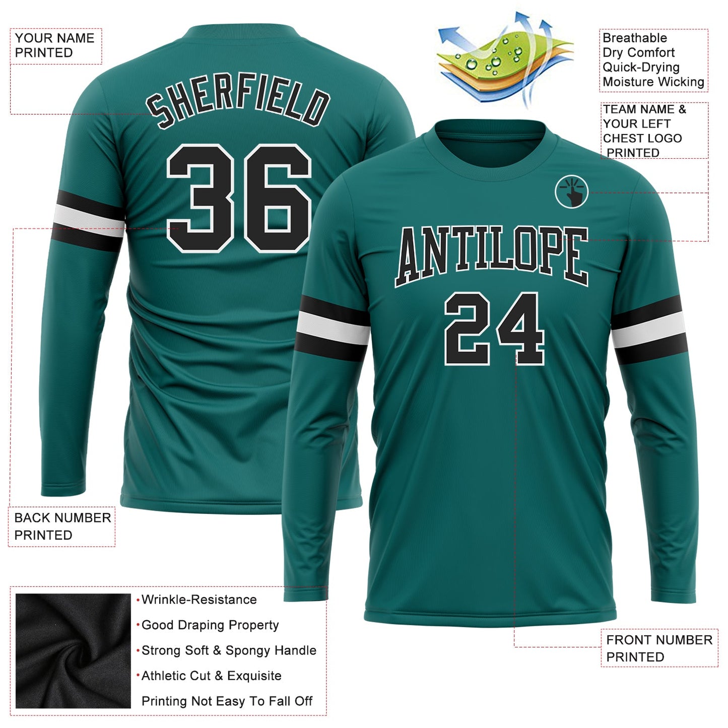 Custom Aqua Black-White Long Sleeve Performance T-Shirt view 3