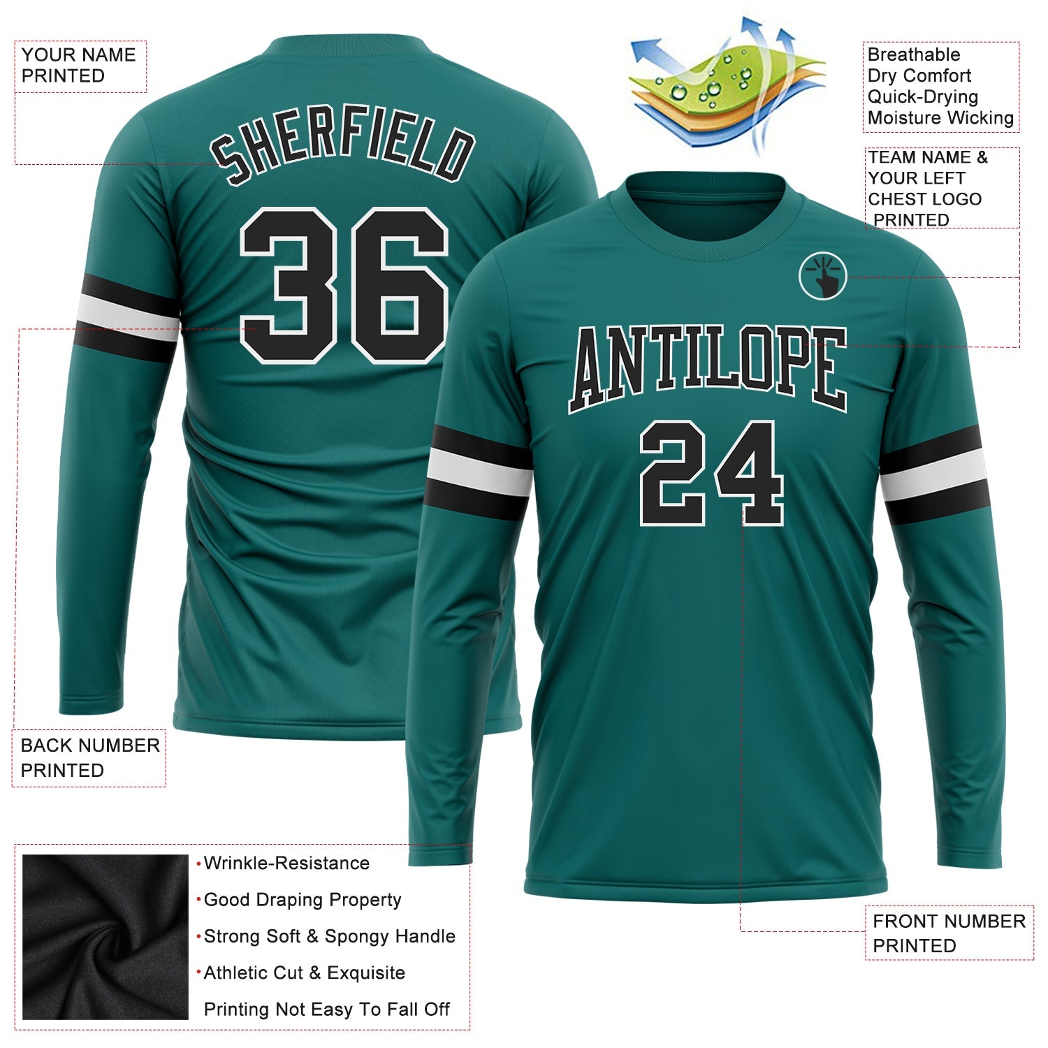 Custom Aqua Black-White Long Sleeve Performance T-Shirt view 3